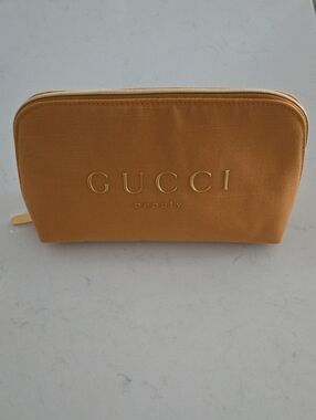 New Gucci Beautypouch Bag  Mustard Yellow Zip Cosmetic Pouch 10 X 5 In